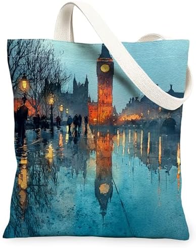 Vintage Artistic Canvas Tote Bags, London Landmark Watercolor Des...
