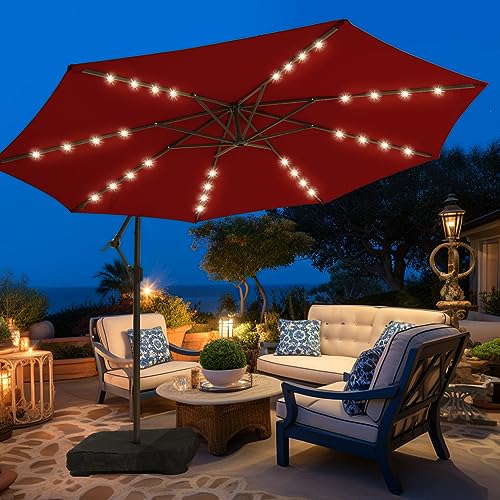 wikiwiki 10FT Solar Patio Offset Umbrella Outdoor Cantilever Umbrella Hanging Umbrellas with Weighted Base, Market Patio Umbrella for Backyard, Garden & Deck (Burgundy)