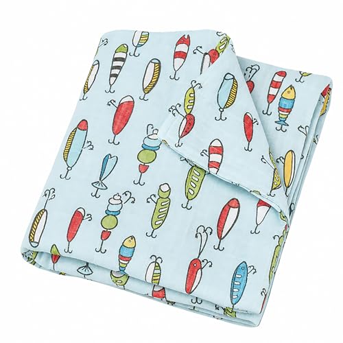 Image of Mud Pie Fishing Lure Muslin Swaddle Baby Blanket | Cotton Baby Receiving Blanket in Kraft Gift Box