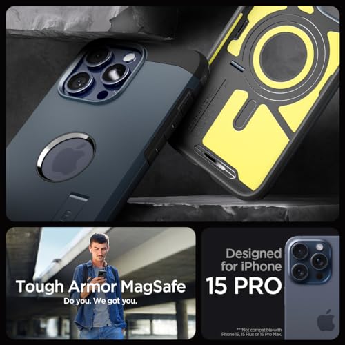 Image of Spigen Tough Armor MagFit Designed for iPhone 15 Pro Case (2023) [Kickstand] [Military-Grade Protection] Compatible with MagSafe - Metal Slate
