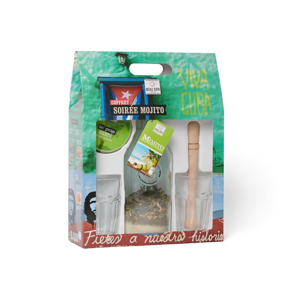 Quai SUD Coffret Soirée Mojito | Coffret | Valisette en Carton (Carafe - 2 Verres Mojito - 1 Pilon Bois - 1 Suc' Givrage)