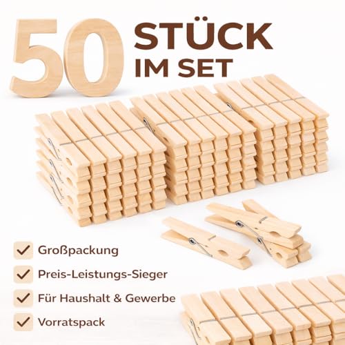 50x Wäscheklammern aus echtem Holz - Klammern groß - Holzklammern - Holzwäscheklammern & Wäscheaufhängen & Basteln & Bastelklammern