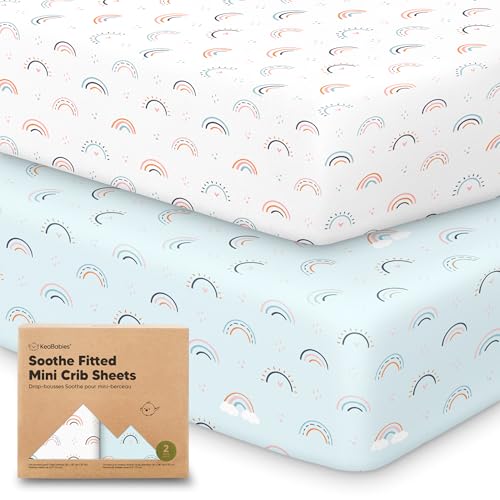 Image of 2-Pack Mini Crib Sheets Fitted - 38x26 Pack N Play Sheets for Pack and Play Mattress, Organic Cotton, Soft & Breathable Playard Bedding, Neutral Mini Toddler Bed Cover for Boys, Girls (Jolly Rainbow)