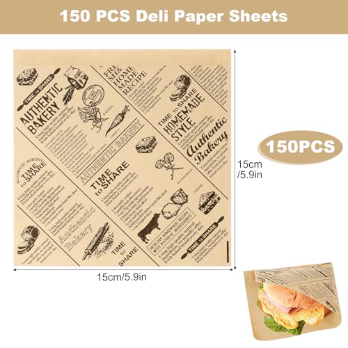 Amentalove 150 Stück Deli Papierblätter, Burger Papier, Burger Tüten, Sandwich Papier, Sandwich Tüten, Snacktaschen, Pommes Papiers für Korb, Wrap Papiers für Pommes Frites (15 x 15 cm)