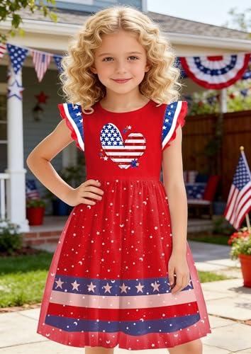 Image of Girls 4th of July Dress American Patriotic Outfit USA Independence Day Clothes Flutter Sleeve Tulle Tutu Dress 5-14y