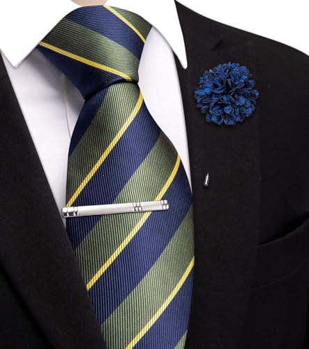 Image of Hi-Tie 63 inches Striped Paisley Extra Long Ties for Men Silk Necktie with Lapel Pin Tie Clip Big and Tall Men Formal Wedding