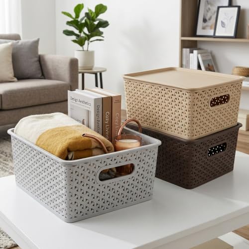 Image of JD Fresh Pack of 3 Premium Plastic Storage Basket with Lid /Smooth Handle Design&Stackable Storage Organizer /Durable Kitchen Storage Basket for Clothes, Vegetables, Fruits, Toys, Stationery(Multicolor)
