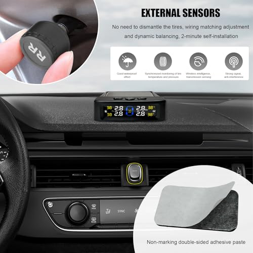 Tire Pressure Monitoring System, Tire Monitoring System with Solar & USB Charger, 4 External Sensors, 6 Alarm Modes, Auto On/Off Real-time LCD Display Tyre Pressure Monitor - Image 6
