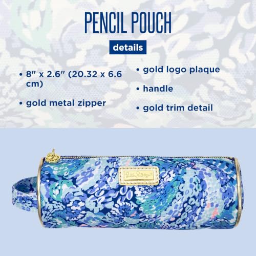 Image of Lilly Pulitzer Cute Zipper Pouch, Wave After Wave | Colorful Pencil Case with Zip Closure for Office Supplies, Small Slim Travel Bag with Carrying Loop Handle and Gold Details