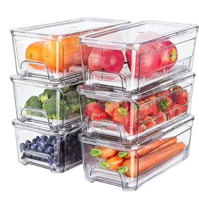 Brippo 6-Pack Fridge Drawer Organizer, Pull-out Stackable Refrigerator Organizers and Storage, Clear Fruit Storage Containers Bins with Drain Tray for Kitchen Cabinet, Pantry Organization