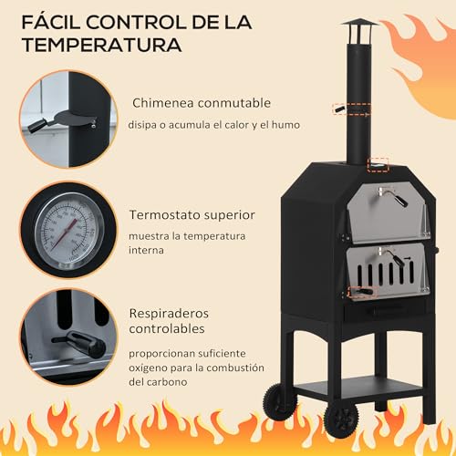 Miniatura 4 de Outsunny Horno De Pizza Exterior Con 2 Capas Horno De Leña Con Ruedas Cajón Extraíble Estante De Almacenamiento Para Terraza Camping Patio 64x54x160 Cm Negro