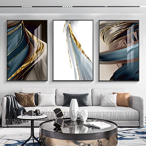 Toile peinture abstraite plume dorée KEBIA 30x45cm triptyque salon