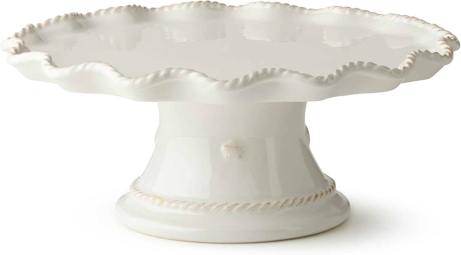 Heritage Scroll Footed Cake Plate – Elegant 11.5" x 4.75" Ivory Stoneware Pedestal Stand with Sculpted Rim – Display Cakes, Cupcakes, Pies & Pastries in Timeless Style