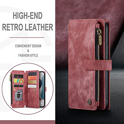 Ueebai Wallet Case For Iphone 7 Plus/Iphone 8 Plus, Premium Handmade Pu Leather Phone Case Card Slots Magnetic Closure Zipper Pocket Kickstand Cover Vintage Shockproof Flip Case - Wine Red #TOP5