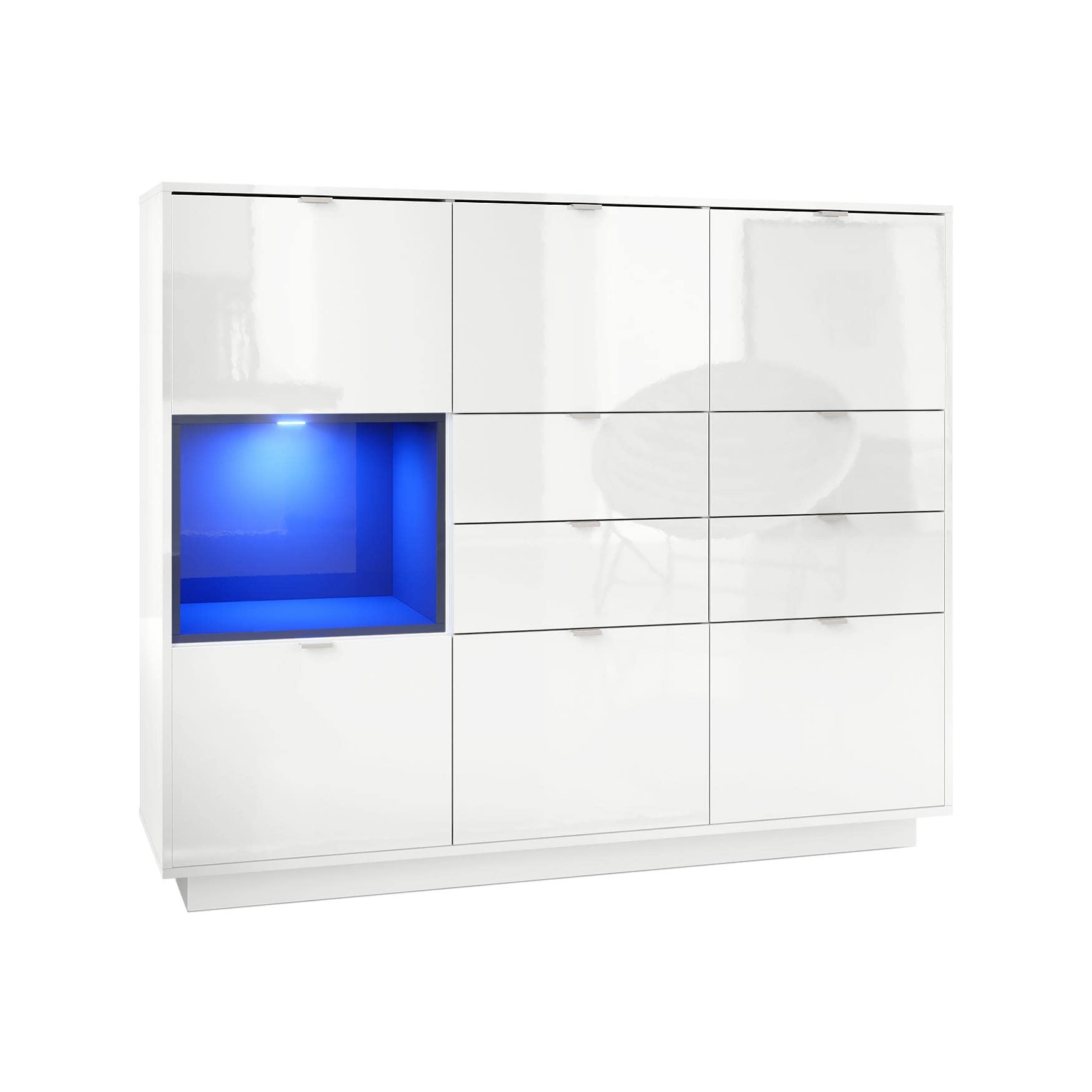 Vladon Aparador Metro V2, Carcasa en Blanco Alto Brillo/Frente en Blanco Alto Brillo con una inserción en Negro Alto Brillo, Incl. iluminación LED