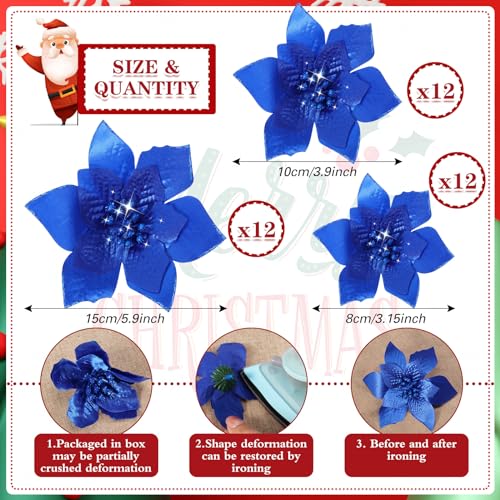 36 Pcs 3 Size Christmas Poinsettia Christmas Tree Flowers Glitter Faux Flowers Decoration Artificial Poinsettia Ornaments For Christmas New Year Home Outdoor Decoration (Royal Blue,3/ 4/ 6 Inch) - Image 2