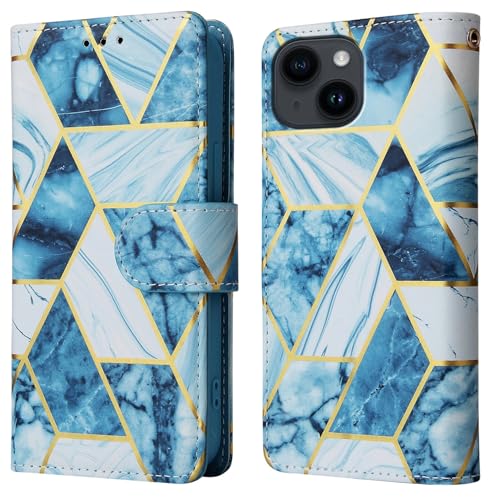 Image of ClickCase Marble Series Faux Leather Back Case Card Holder Wallet with Magnetic Closure Flip Cover for iPhone 15 Plus (Marble Blue)