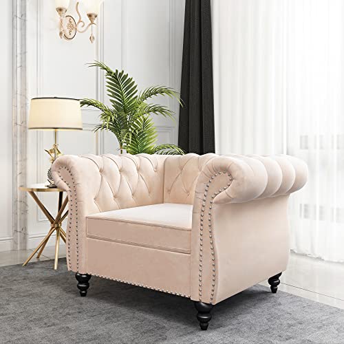 Image of ORRD Chesterfield Chair, Modern Velvet Tufted Accent Sofa Couch Chair with Scroll Arms and Nailhead for Living Room, Bedroom, Office, Apartment (Beige)