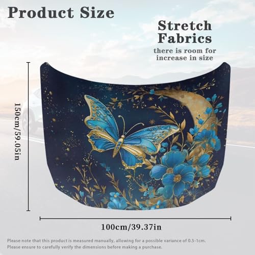 Image of Bulopur Blue Butterfly Car Hood Cover Easy to Install Car Hood Cover Protector Elastic Fabrics Can be Washed Stretch Polyester Fabric Cover Personalized Suitable for Cars