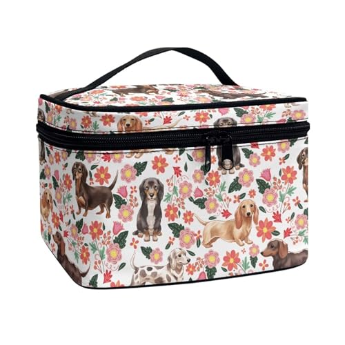 JoyLamoria Dachshund Rose Cosmetic Bag Outdoor Travel Makeup Bag Cute Cosmetic Wallet Coin Purse