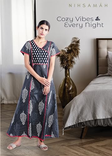 Image of NIHSAMAH Cotton Night Gown for Women - Angrakha Style Nighty, Comfortable Sleepwear /Nightwear /Maxi