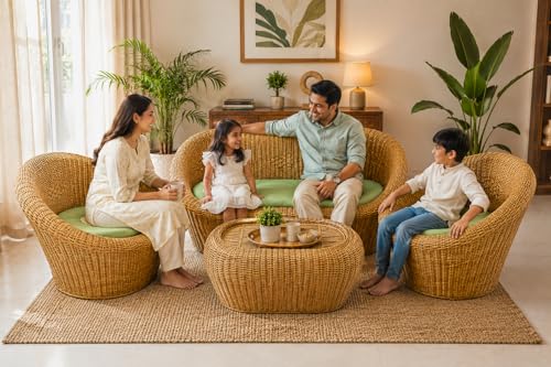 Image of 5 Seater Apple Sofa Set with Center Table | Handmade Bamboo & Cane Furniture for Living Room, Balcony, Garden & Office | Pre-Assembled Natural Rattan Seating Set