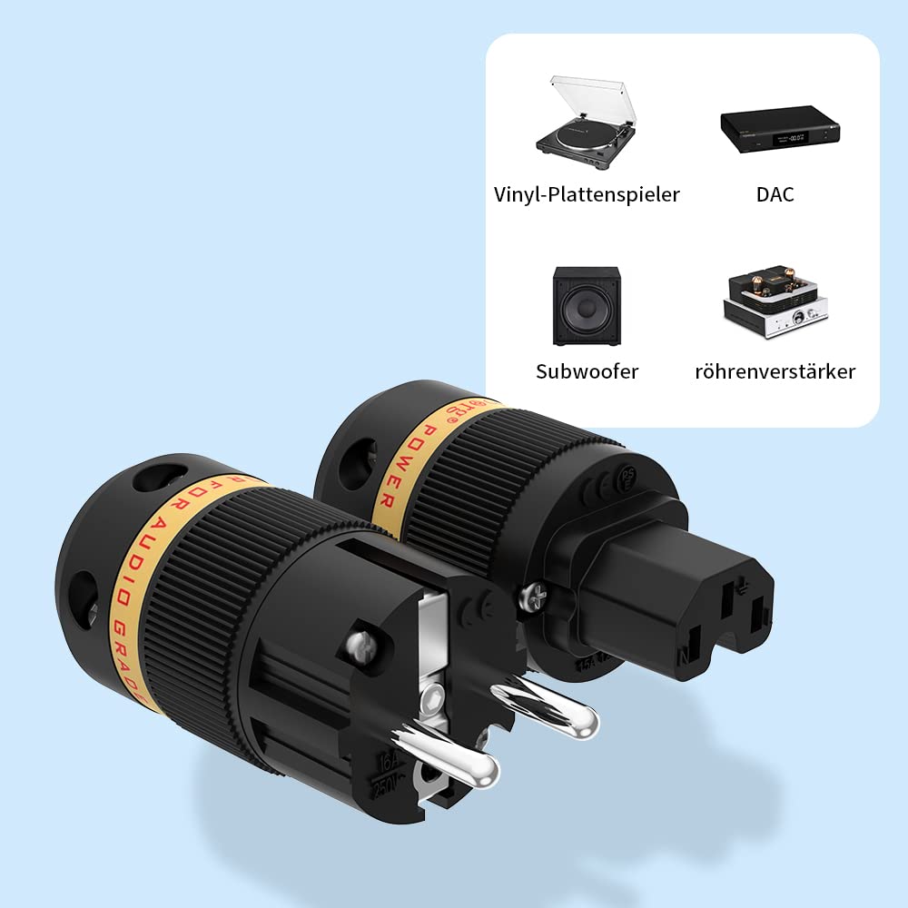 Tertullus VE501R + VF501R - Enchufe de cobre chapado en rodio (conector Schuko de alta gama, para cable de alimentación HiFi DIY)