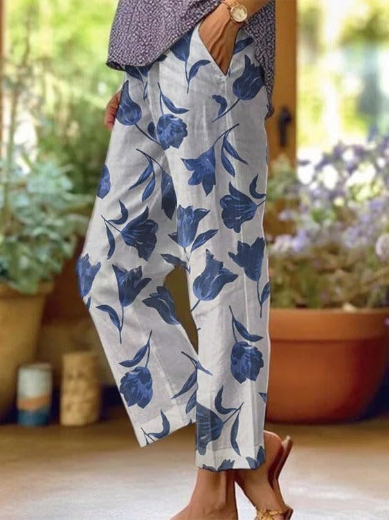 Women's Boho Floral Casual Baggy Pants Summer Plus Size Wide Leg Elastic Waist Beach Vacation Trousers with Pockets2