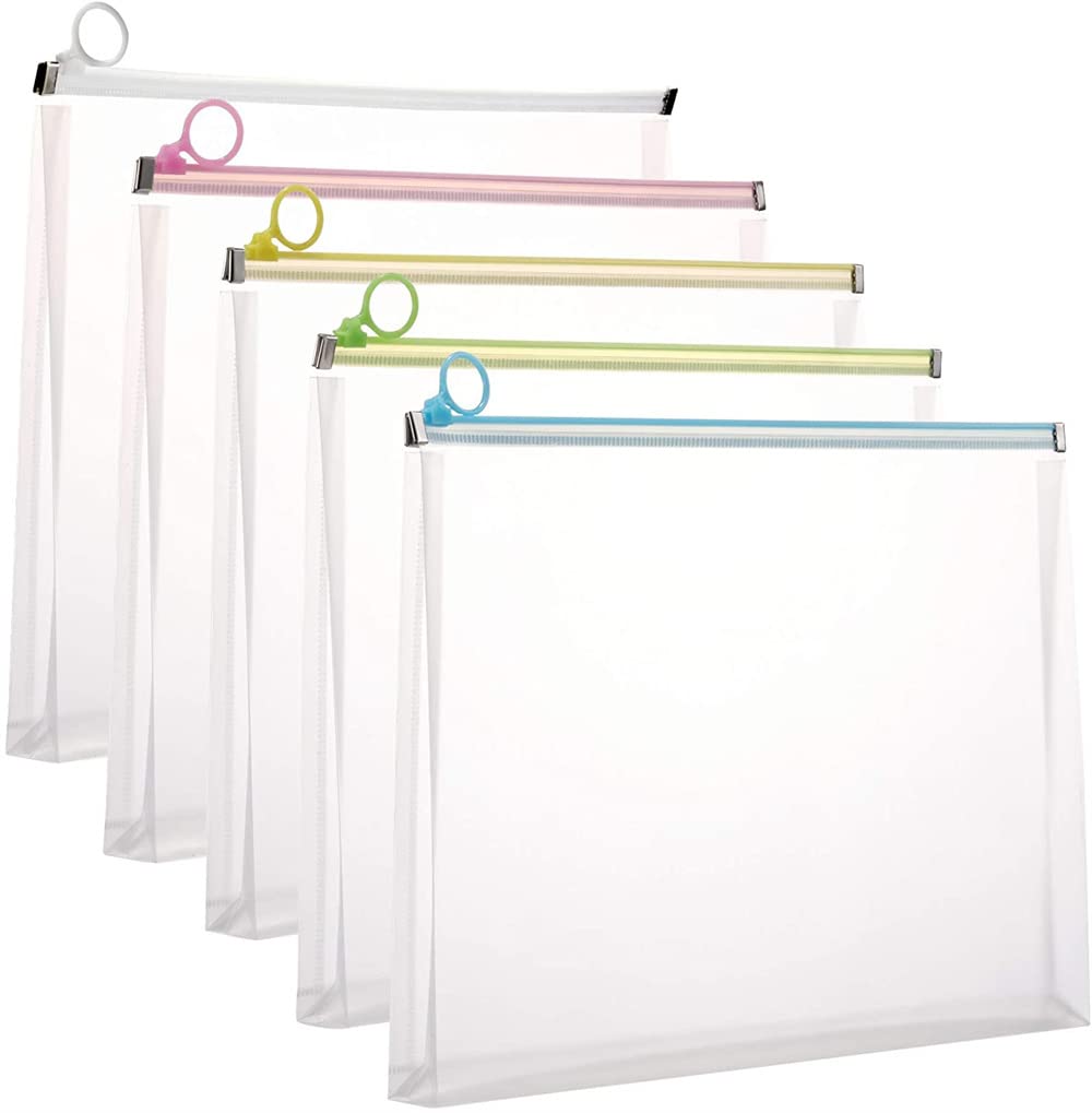 KASTWAVE Plastic Envelopes Poly Zip Envelope Zipper File Folders, 5 Packs, 9.84" x 13" Clear Letter File Document Paper Folder Case Assorted Colors