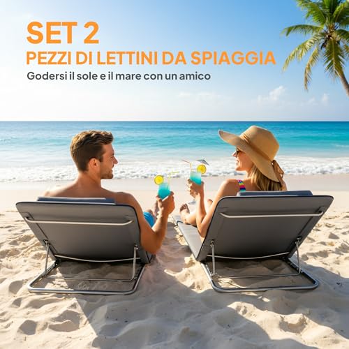Outsunny Set 2 Sdraio da Spiaggia con Schienale Regolabile su 5 Livelli, Poggiatesta e Borsa da Viaggio, Lettini Spiaggia Pieghevoli in Acciaio e PE, 134x48x33-43 cm, Grigio - 4