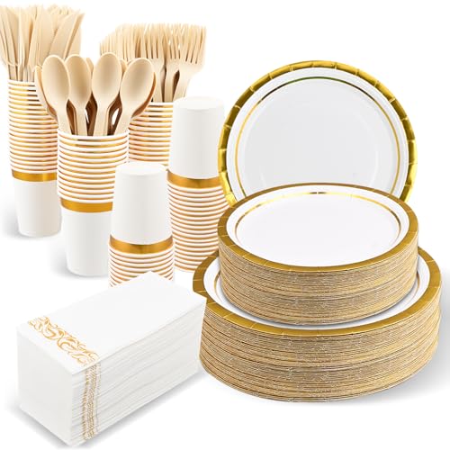 350 Pcs Gold-Rimmed Tableware Set, Disposable Paper Dinnerware Includes Paper Plates Napkins Cups Knife Fork Spoon for Party Birthday Wedding Picnic Camping