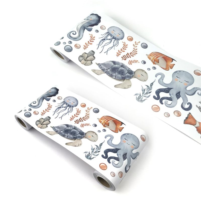 VisitRyl self Adhesive Wallpaper Border Wall Tiles Decorative, Peel and Stick Wall Border Bathroom Stickers Cartoon Children's RoomGrey Turtle Jellyfish YX110 12cm X 1000cm