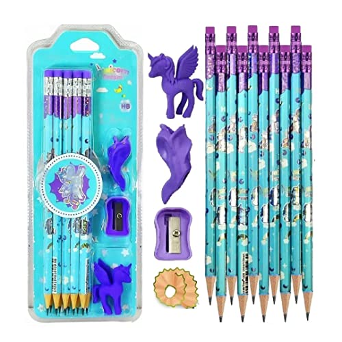 Image of Crackles Shiny Glittery Unicorn Theme Wood Thick Strong 10 Pc Pencils with Erasers on top Sharpener Eraser and a Pencil Grip Gift Set for Kids Boys and Girls (Random Print, Pack of 2)