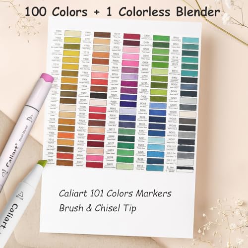 Image of Caliart 101 Colors Alcohol Markers Brush Tip, Dual Tip Brush & Chisel Permanent Art Markers for Adult Coloring Books, Drawing, Sketching, Illustration, with Carrying Case for Artists & Beginners