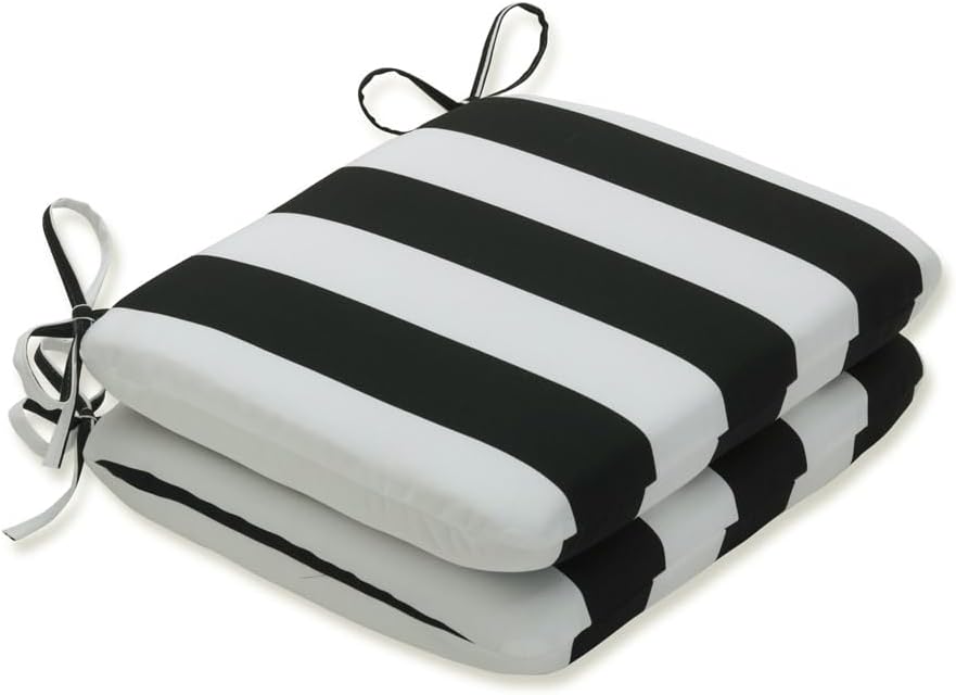 Pillow Perfect Stripe Indoor/Outdoor Round Corner Chair Seat Cushion with Ties, Plush Fiber Fill, Weather, and Fade Resistant, 15.5" x 18.5", Black/White Cabana Stripe, 2 Count