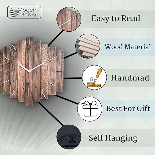 Image of Antique Geometric Design Handmade Wood Wall Clock, Big Size Modern Wall Clock for Home Decor (Natural Wood) MBCL03