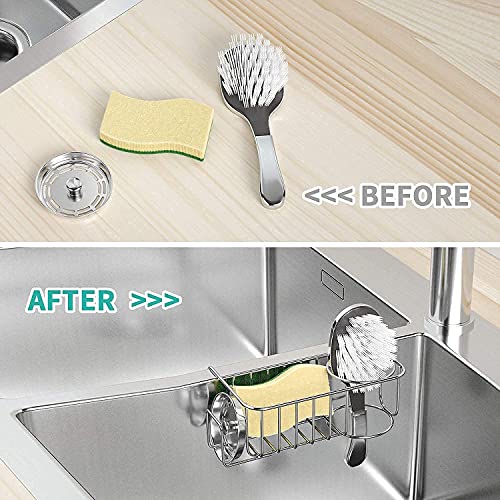 HapiRm 4 in 1 Sink Caddy Sponge Holder, SUS304 Stainless Steel Kitchen Brush Holder + Dish Cloth Hanger + Soap Rack + Sink Stopper Rack + Sponge Caddy for Kitchen - Silver