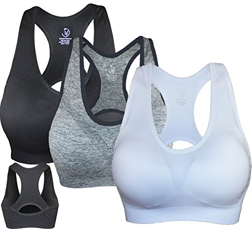 KINYAOYAO Women's Plus Size 3-Pack High Impact Seamless Racerback Padded Bra,Black,White,Grey,4X