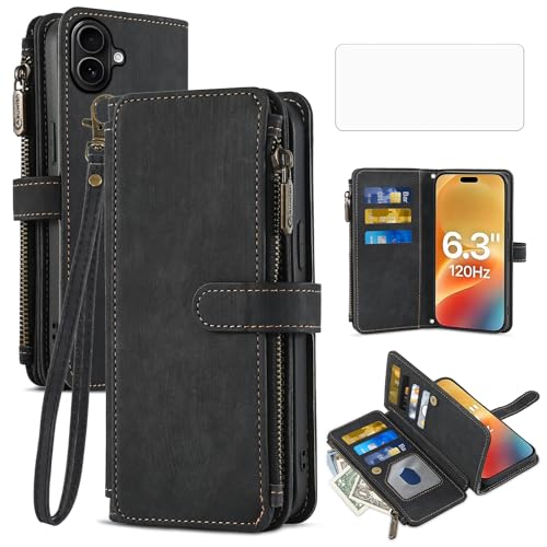 Housse iPhone 17 cuir noir premium Asuwish et verre trempé haute protection