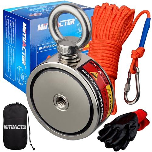 MUTUACTOR Neodymium Fishing Magnet,Φ2.63'' Combined 1100lbs Double Sided Strong Fishing Magnet Heavy Duty with 65Ft Salvage Rope,Gloves,Waterproof Bag for Retrieving Tools Find Treasure