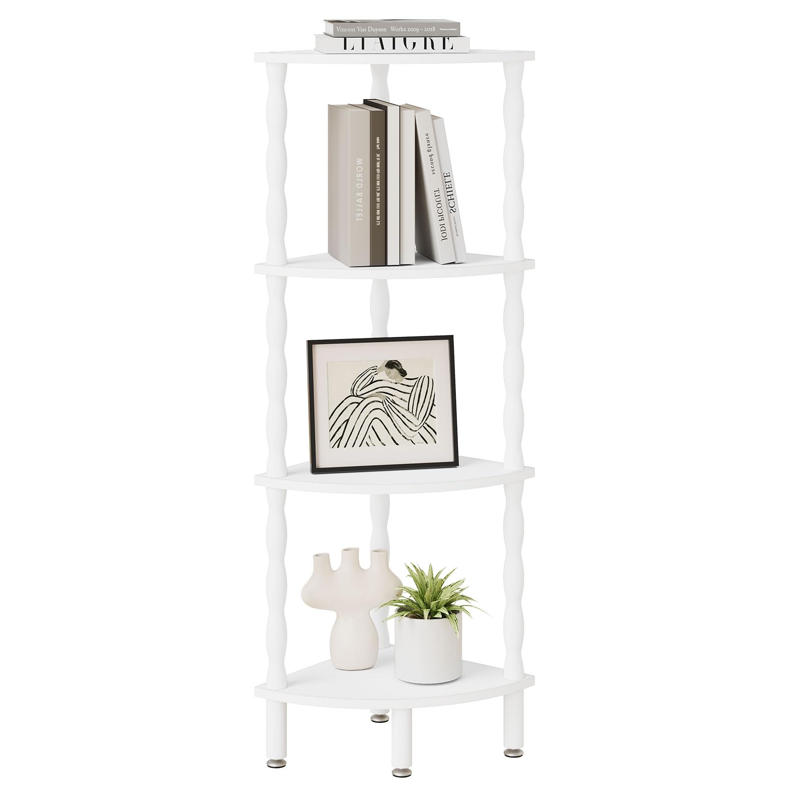 IBUYKE 4-Tier Corner Shelf,Stylish Corner Bookshelf for Small Spaces,Industrial Corner Storage Display Shelves,Small Corner Table for Bedroom,Bathroom,Kitchen, White WBC019W