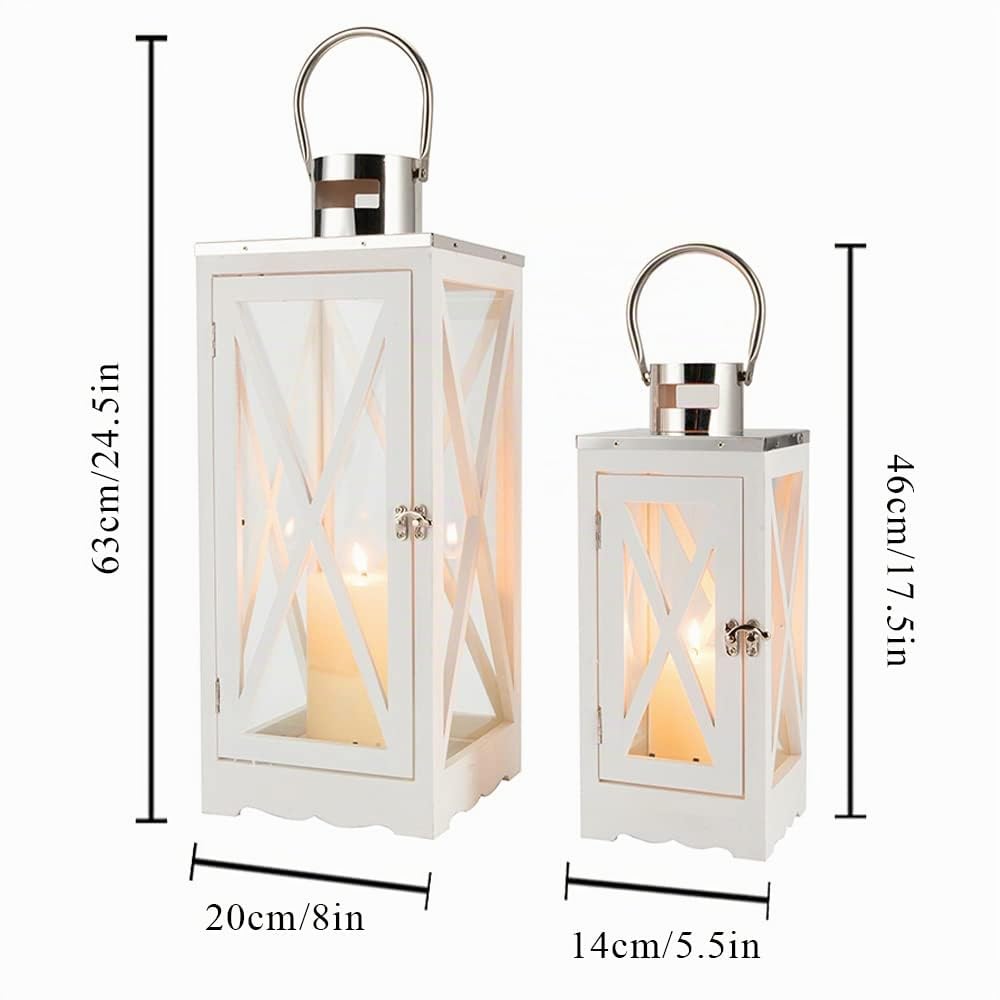 TRIROCKS Set de 2 Faroles de Madera Estilo Campestre 63cm y 46cm Altos, Soportes de Vela Rústicos Colgantes con Vidrio Templado para Patio, Jardín y Bodas (Blanco Rectangular)