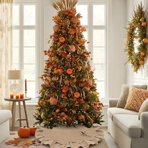 yuboo 36 inches Burlap Fall Tree Skirt, Small Farmhouse Rustic Tree Skirt Mat Boho Christmas Thanksgiving Decorations Ornaments for Slim Pencil Tree & Artificial Christmas Trees