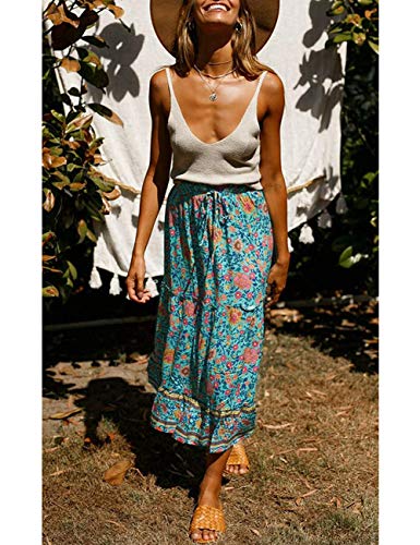 Merokeety Women's Boho Floral Print Elastic High Waist Pleated A Line Midi Skirt Green #TOP3