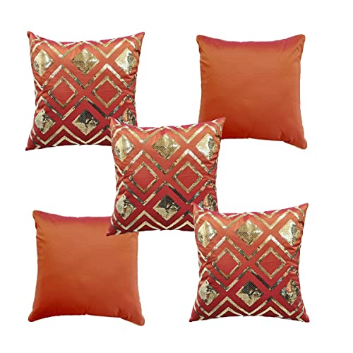 Image of Checks Rust Gold Sequin Cushion Covers Size - 40x40 (Pack of 3)