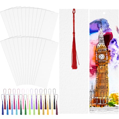 LOTMER 100 Pcs Watercolor Paper Blank Bookmarks with Colorful Tassels Book Marks Tassels DIY Kit Cotton Watercolor Paper Bookmarks with Hole for DIY and Gifts Tags 7.87x1.97 inch