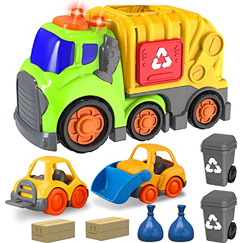 Carretilla de Basura de Dibujos Animados con 2 Botes de Basura, Pequeña Carretilla Elevadora, Vehículo de Basura con Sonido y Luz, Juego de Camión de Reciclaje para Regalo de Cumpleaños de Navidad Cover
