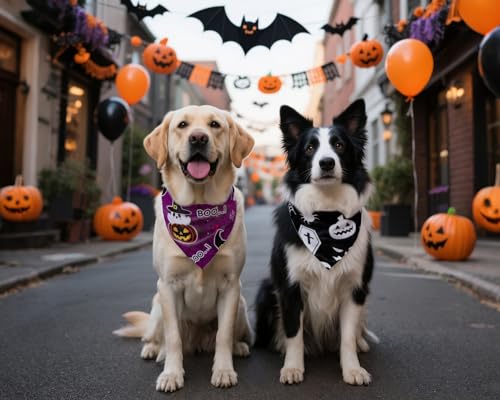 Halloween Dog Bandanas,Pumpkin and Cute Ghost Pet Scarf,Seasonal Outfit for Boy and Girl Dogs,Reversible Holiday Dog Costume for Medium to Large Dogs(2PCS,Purple,Black&White) - Image 6