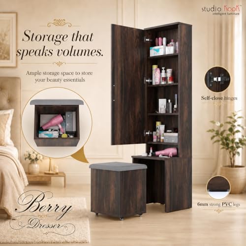 Image of Studio Kook Berry Dressing Table with Mirror & Stool, Junglewood | Engineered wood unit with a 109 x 40 cm mirror, concealed shelves and cushioned storage stool on castors. Height: 179 cm.
