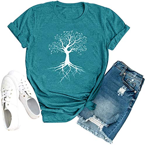 Women Tree Life T-Shirt Funny Graphic Spiritual Tees Short Sleeve Nature Travel Shirt (L, A-Green)